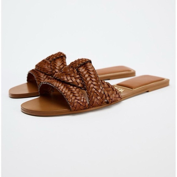 NWT Zara Leather Braided Woven Knot Sandals in Cognac Brown - 6.5 - Picture 2 of 8